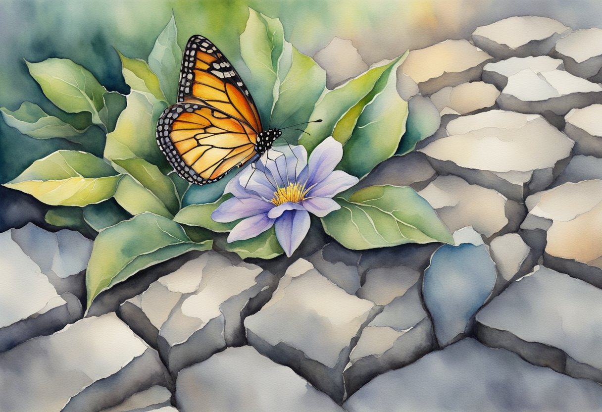A blooming flower emerges from a cracked pavement, symbolizing resilience and growth. A butterfly hovers nearby, representing transformation and hope