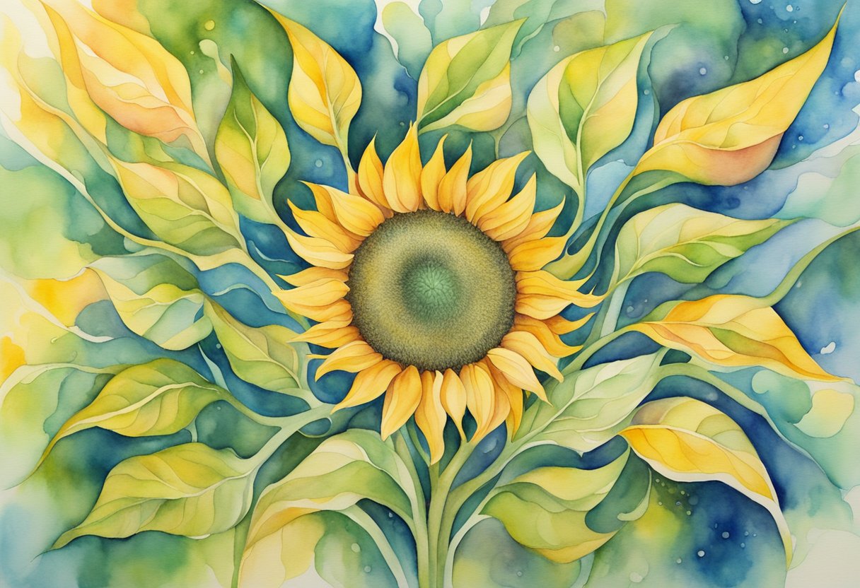 A vibrant sunflower bursting with life, surrounded by a maze of interconnected pathways symbolizing the journey from surviving to thriving after a cancer diagnosis