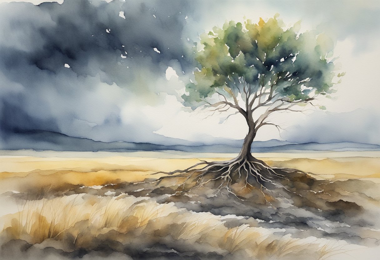 A lone tree stands tall amidst a storm, its roots firmly planted in the ground as it weathers the elements with unwavering resilience