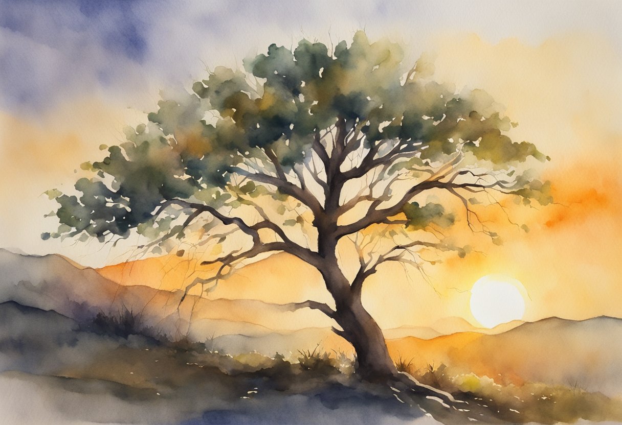 A lone tree stands tall, its branches reaching outwards, symbolizing inner strength and resilience. The sun sets in the background, casting a warm glow over the scene