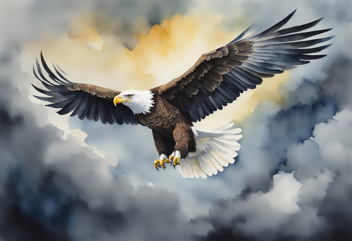 A soaring eagle breaking through dark clouds, symbolizing empowerment and inner strength