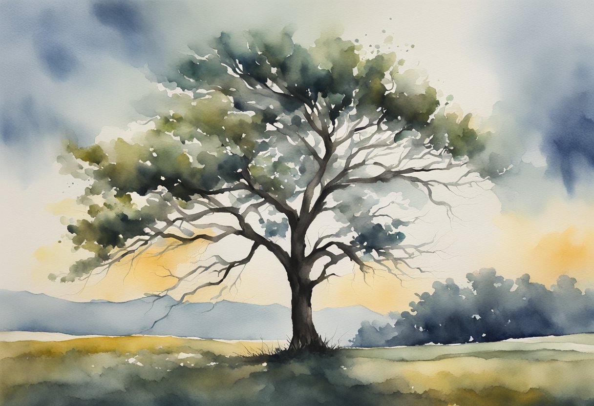 A lone tree stands tall, its branches reaching towards the sky. Despite the harsh winds and storms, it remains resilient, symbolizing inner strength and emotional resilience in the face of adversity
