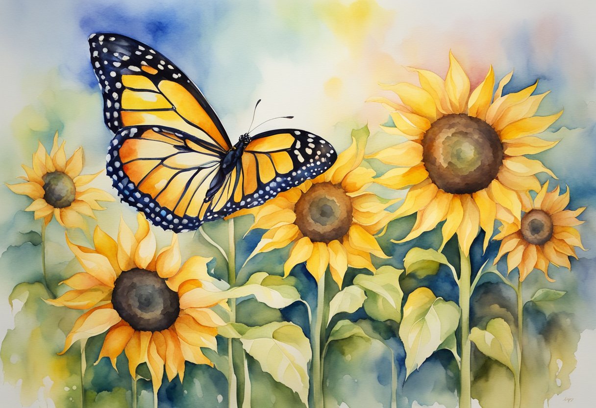 A vibrant sunflower stands tall, symbolizing resilience and inner strength. Surrounding it, colorful butterflies flutter, representing hope and transformation