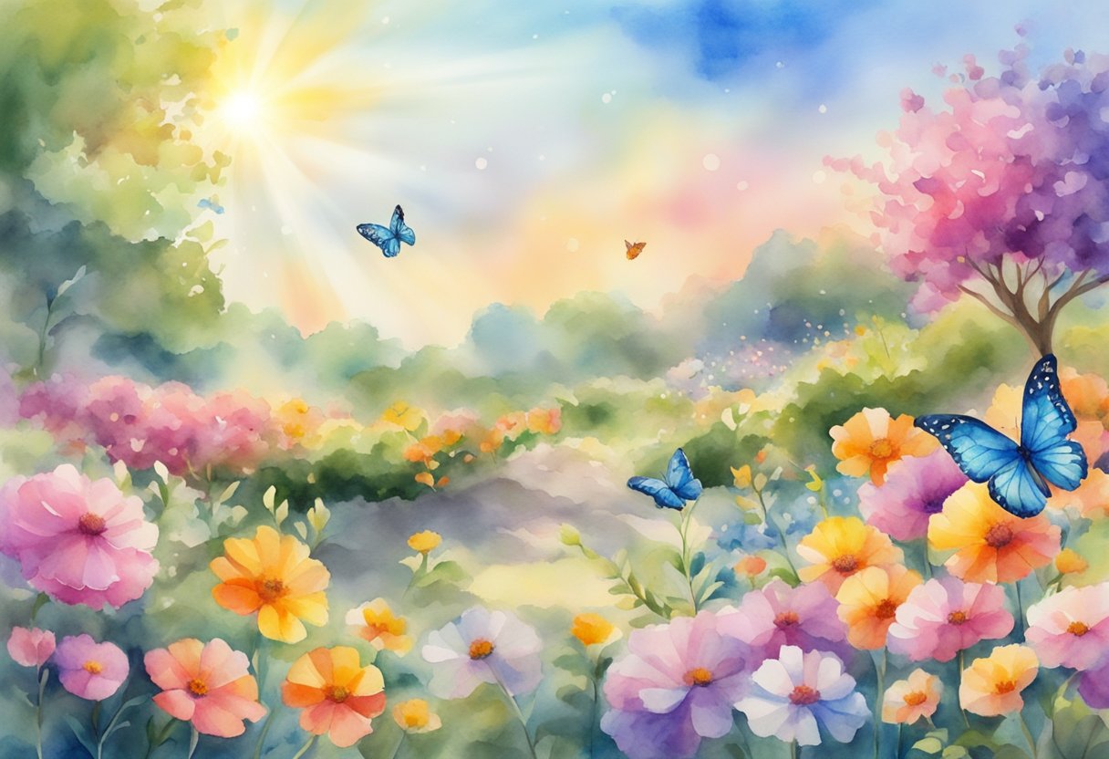 A colorful garden with vibrant flowers blooming, a bright sun shining in the sky, and a peaceful butterfly fluttering among the blossoms