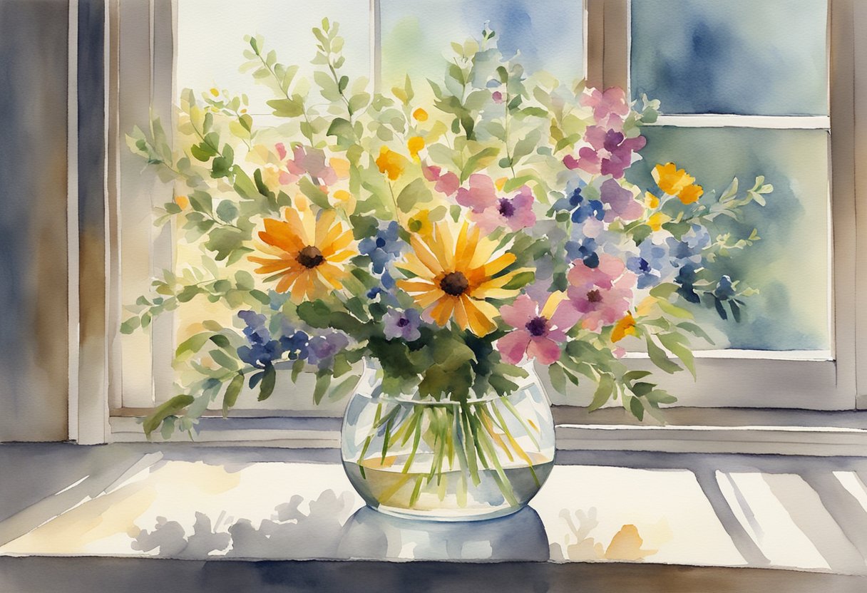 A colorful bouquet of wildflowers sits in a simple glass vase on a sunlit windowsill, casting a warm glow on the surrounding space