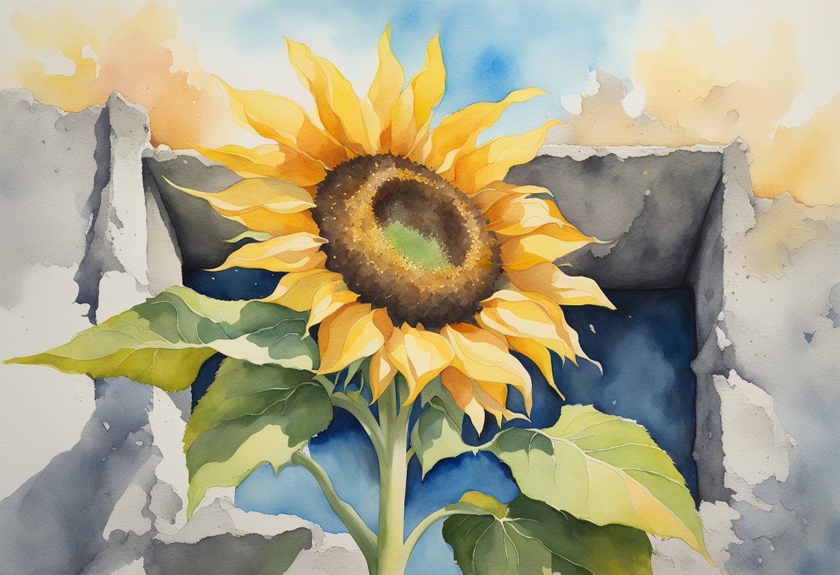 A sunflower breaking through concrete, surrounded by vibrant blooms and a clear blue sky