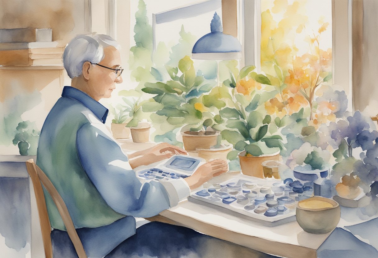 a digital watercolor of a man working in his sun room