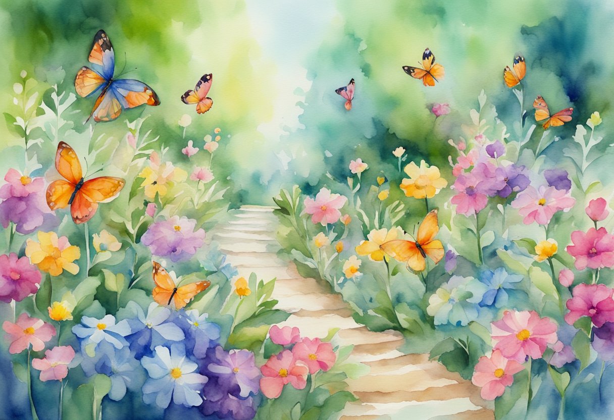 A digital watercolor of a garden with many butterflies