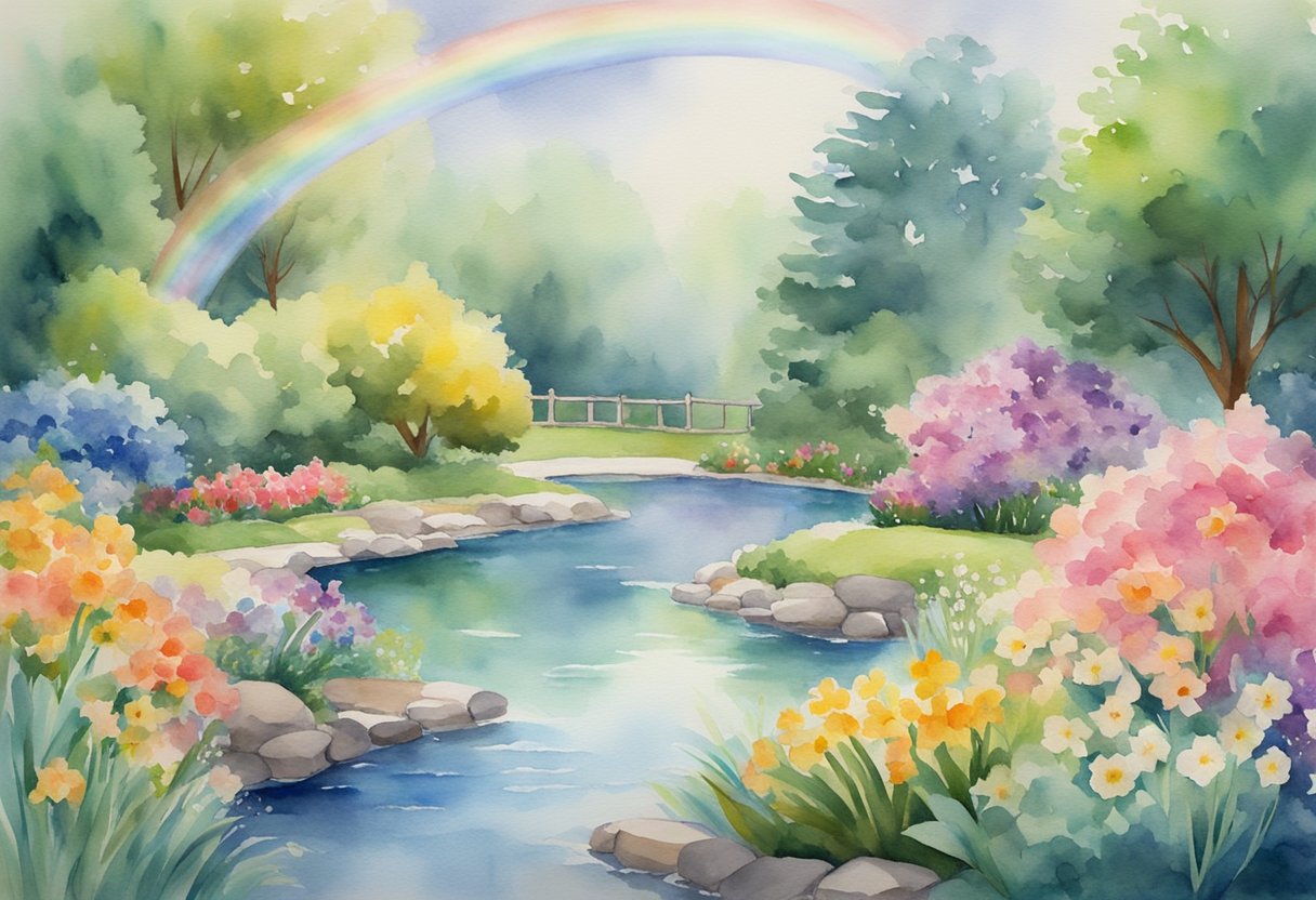 a digital watercolor of a garden with a rainbow