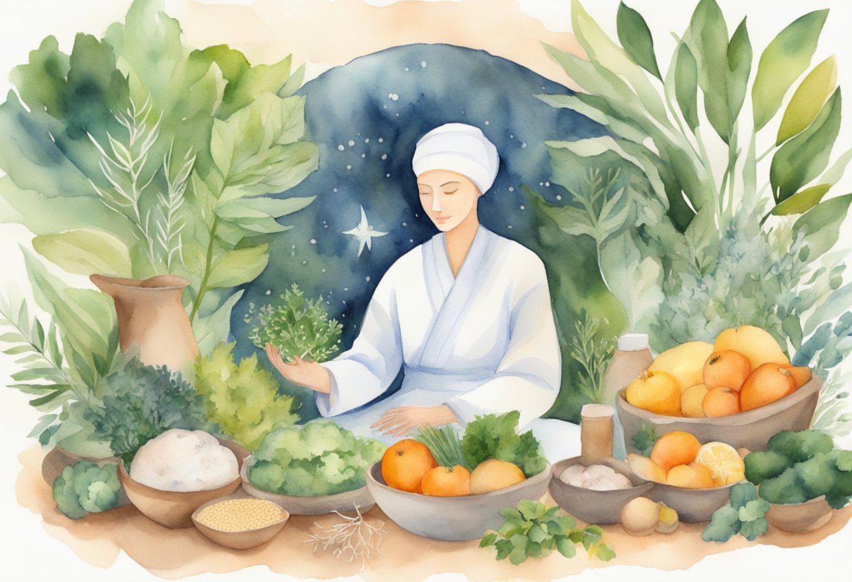 A digital watercolor of a woman sitting with her harvest bounty