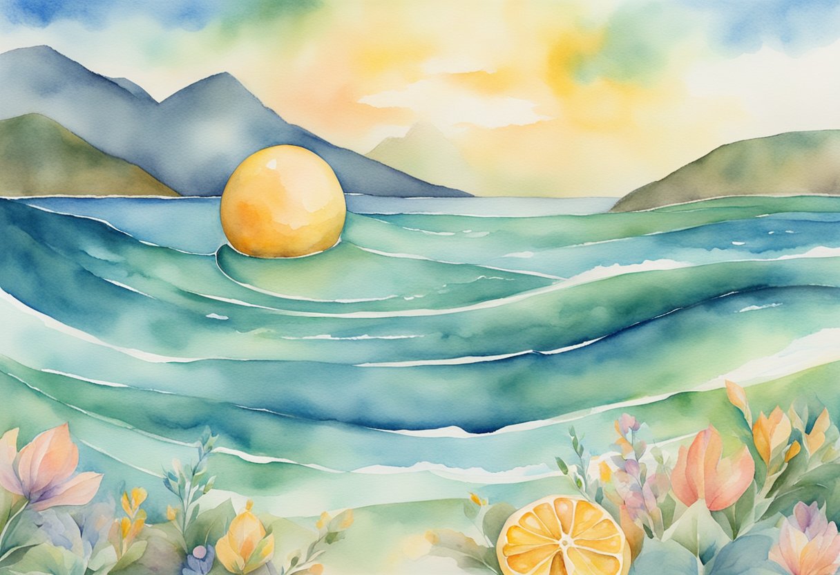 A digital watercolor of an ocean and beach with yellow ball