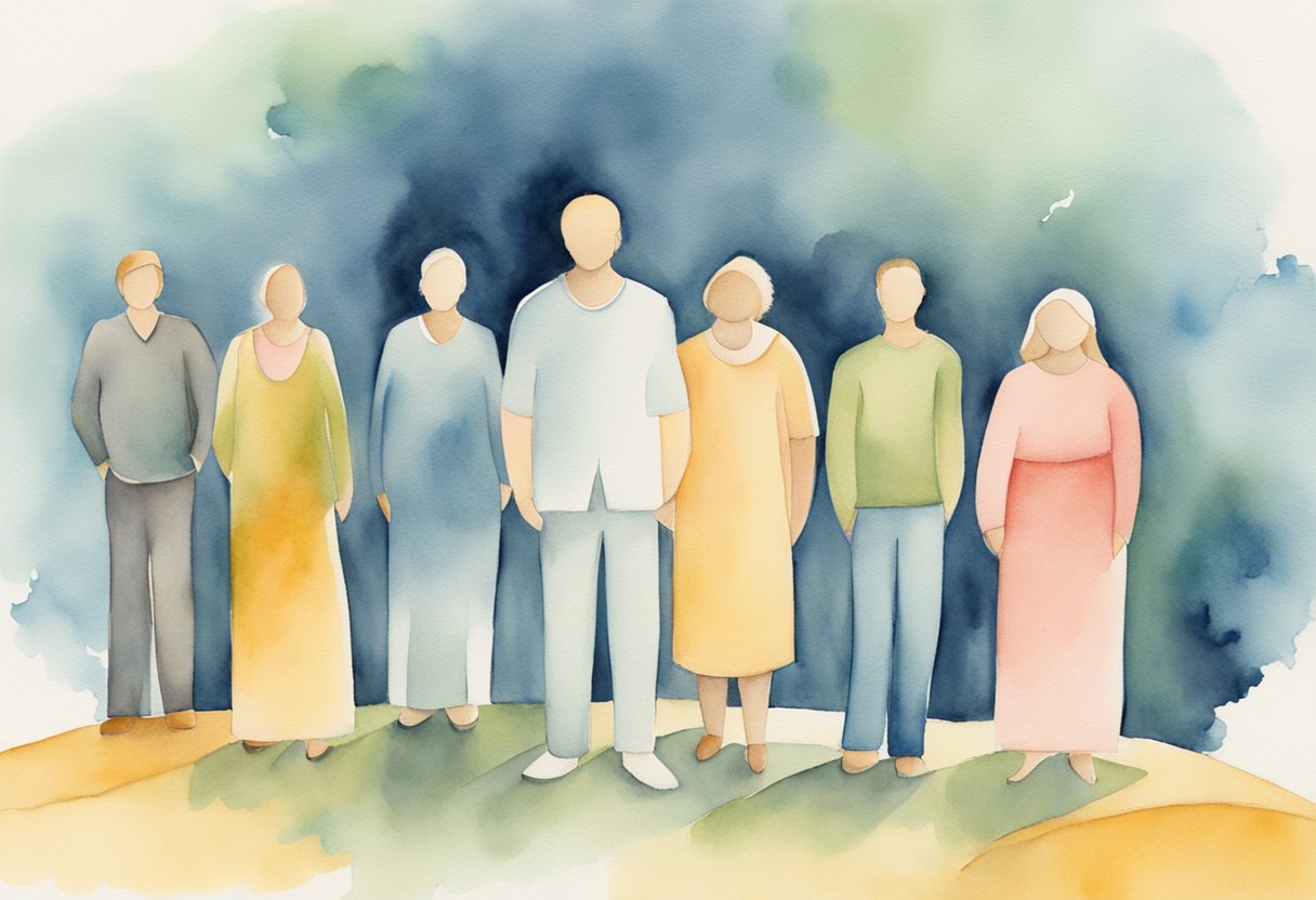 A digital watercolor of faceless people
