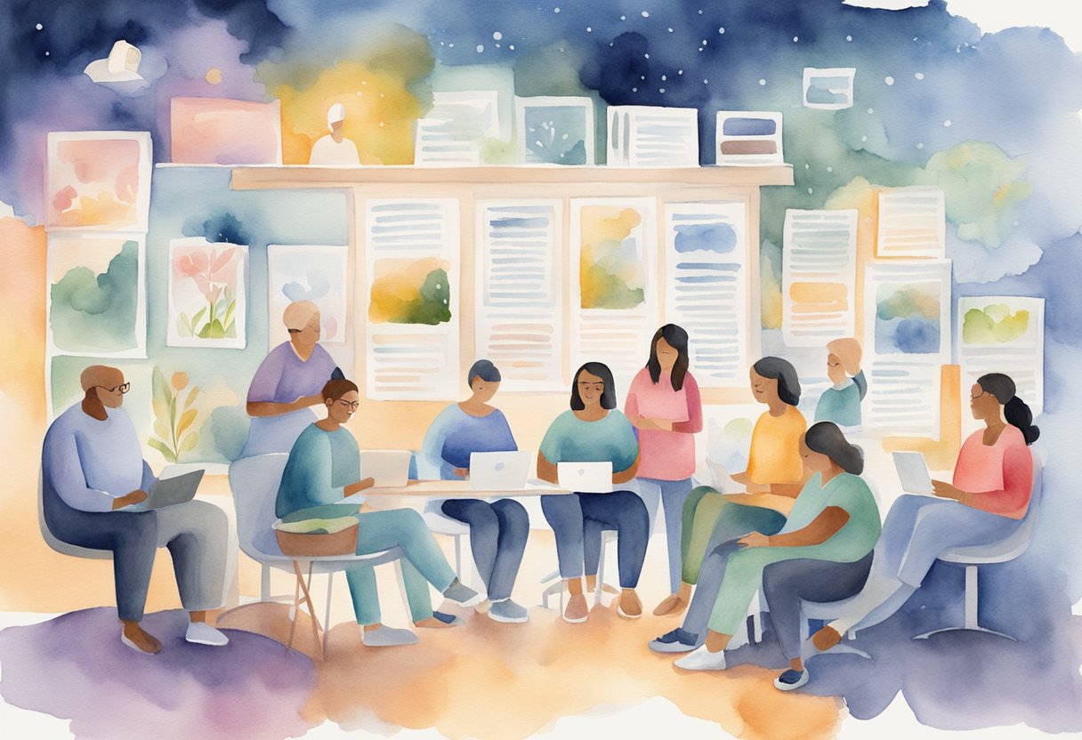 A digital watercolor of a group of people in a class