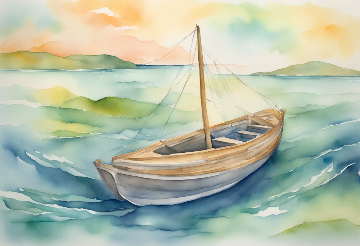 A digital watercolor of a boat on the water