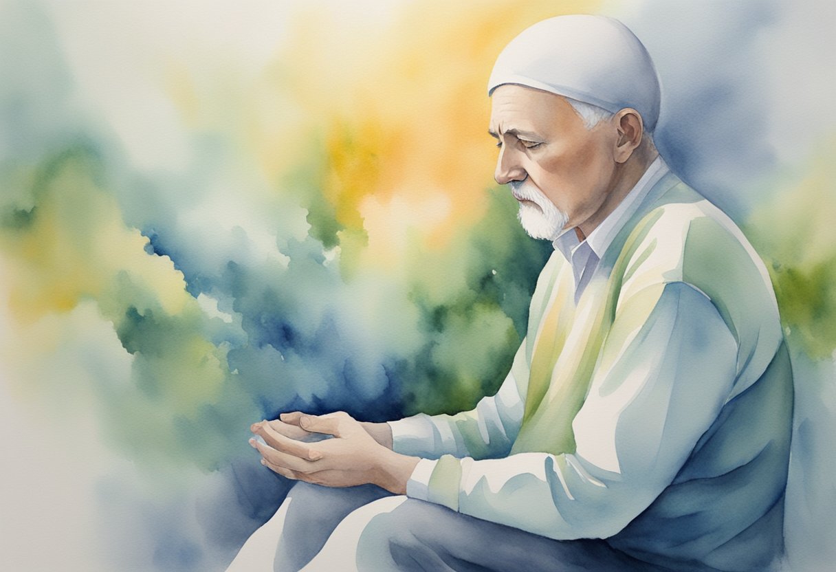 A digital watercolor of a man praying