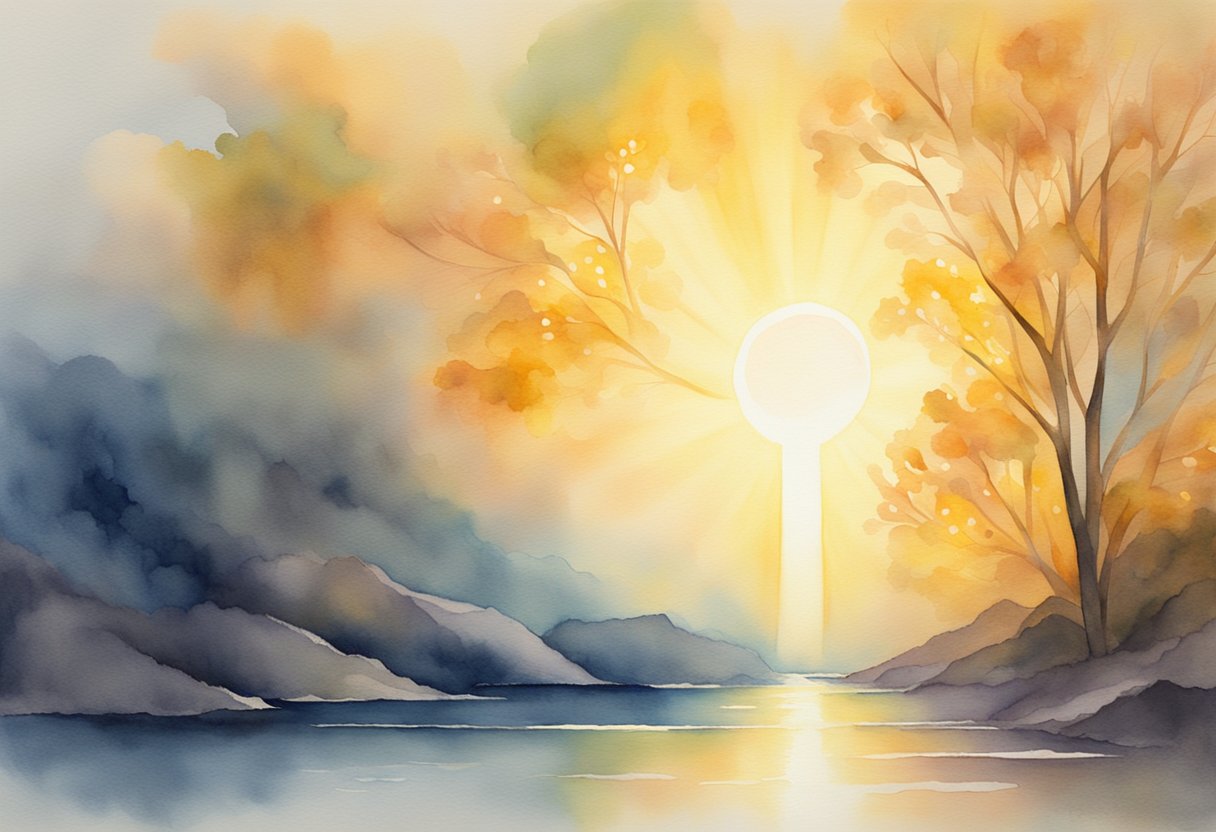 A digital watercolor of a sun with light beams over water