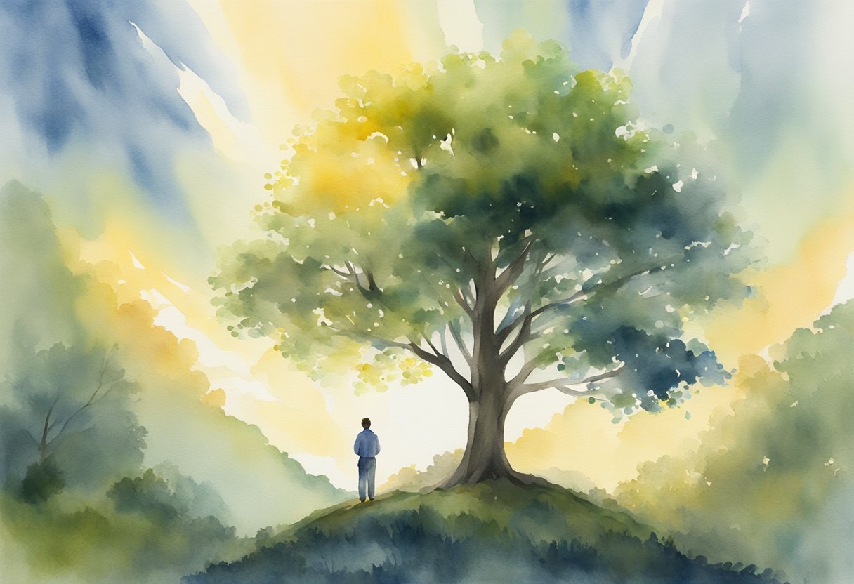 A digital watercolor of a man using an old tree for shade