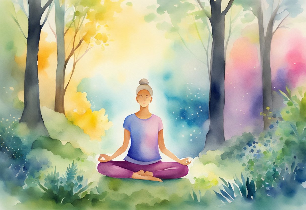 A digital watercolor of a woman practicing yoga in the forest