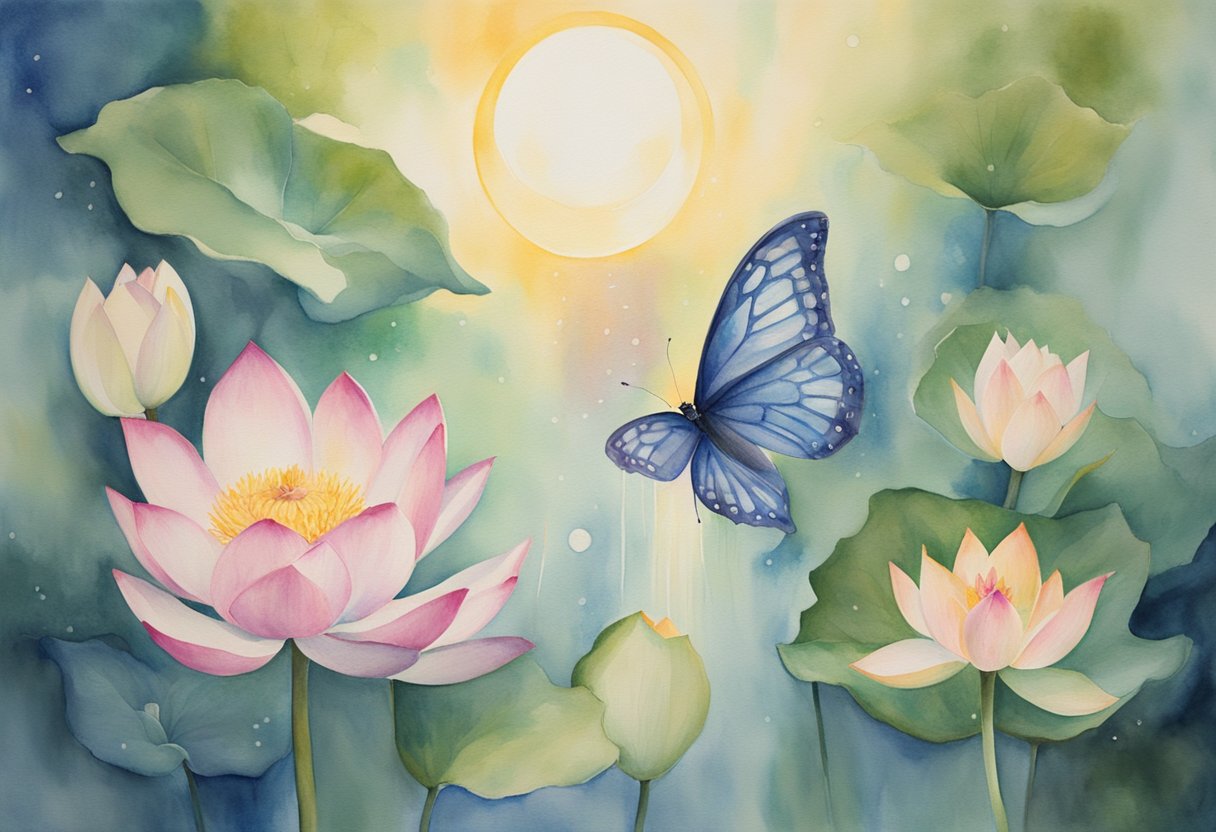 A digital watercolor of sun, flowers and a butterfly