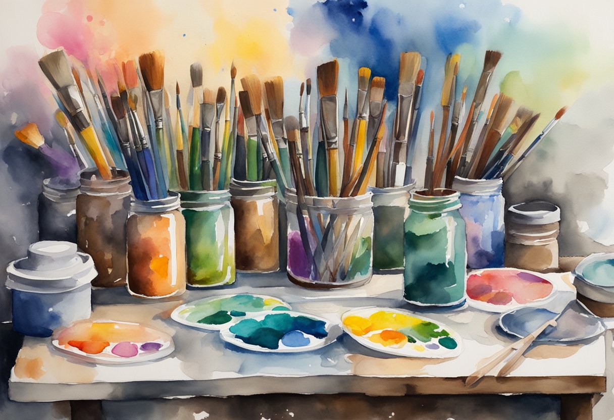 A digital watercolor of adn artistic paint and brush table