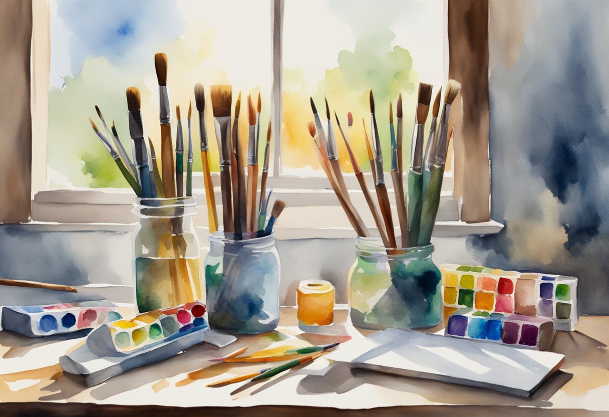 A digital watercolor of a brush and color table with window