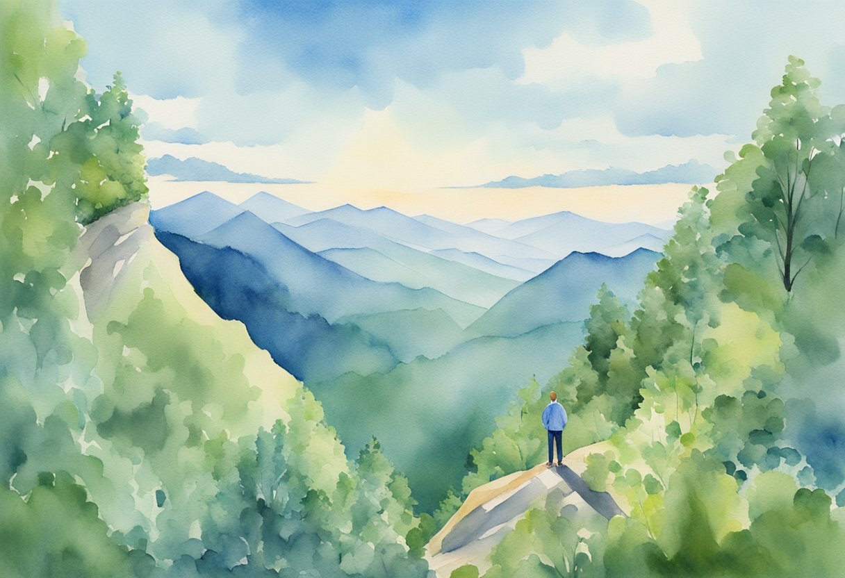 A digital watercolor of a man standing in a clearing taking in the view