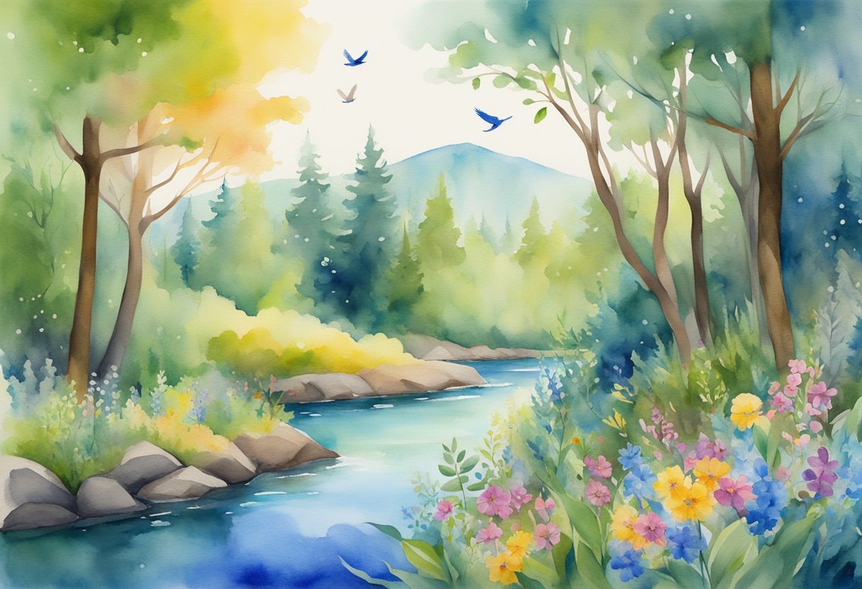 A digital watercolor of a river landscape