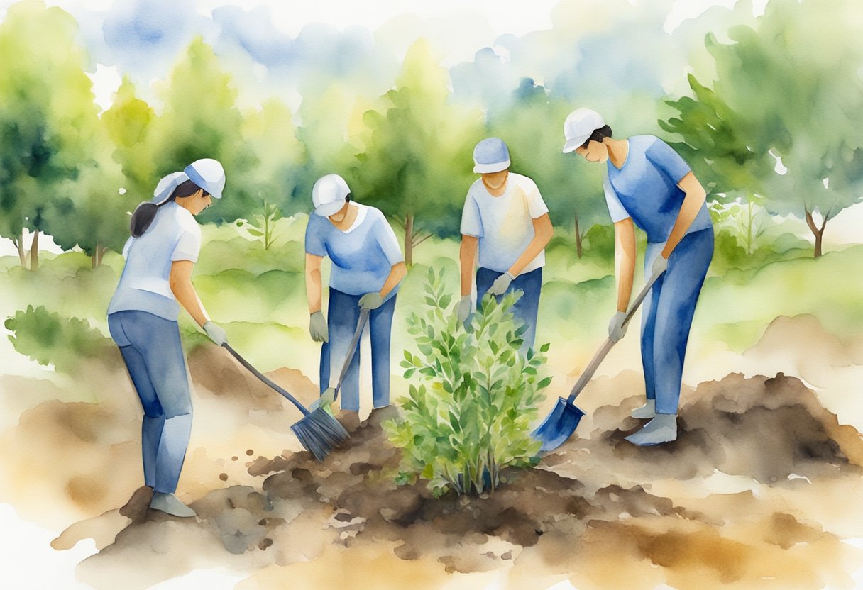 A digital watercolor of people planting a tree