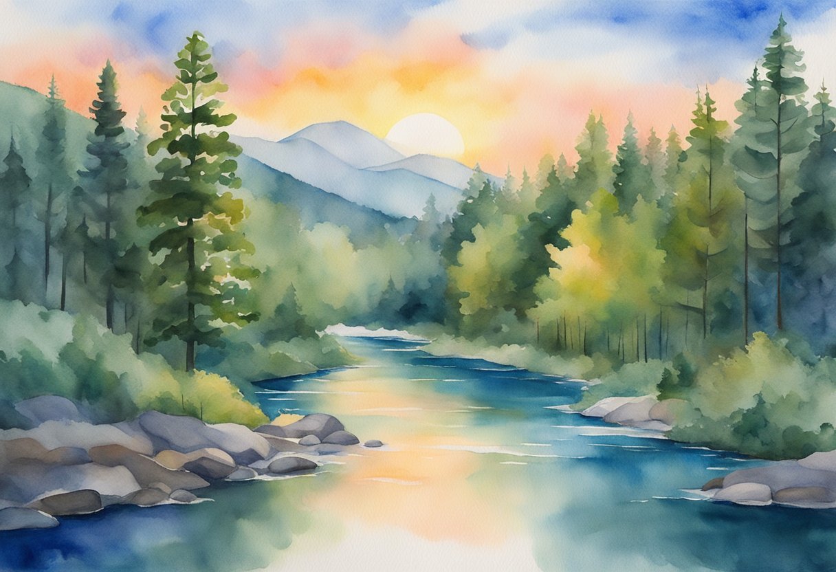 A digital watercolor of a setting sun with reflecting in river