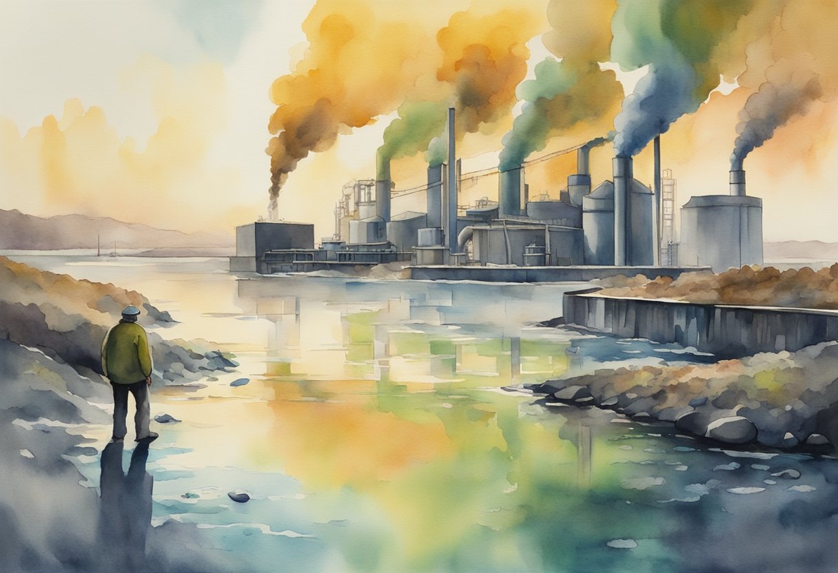 A digital watercolor of a factory on the water