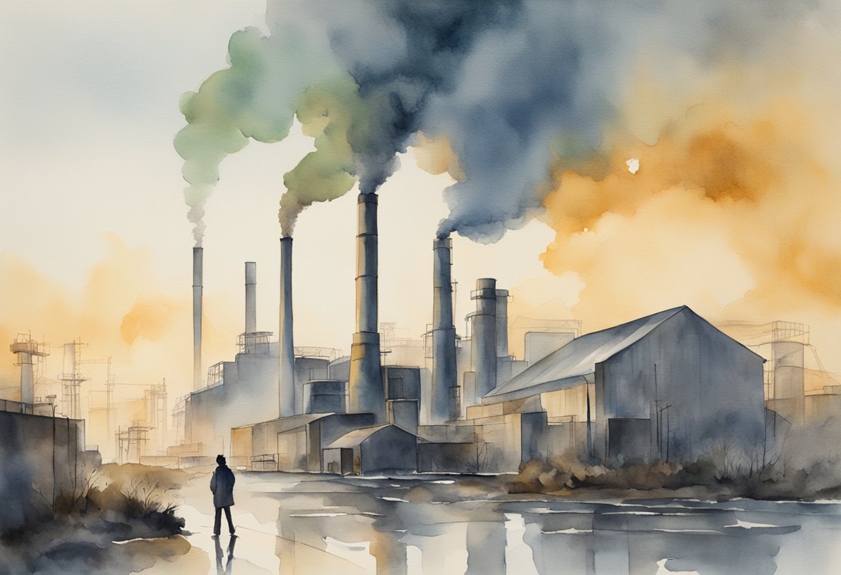 A digital watercolor of a factory with smoke stacks