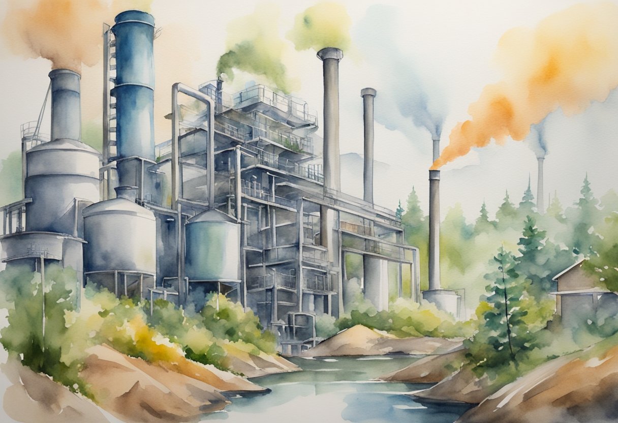 A digital watercolor of a factory near water and forest.
