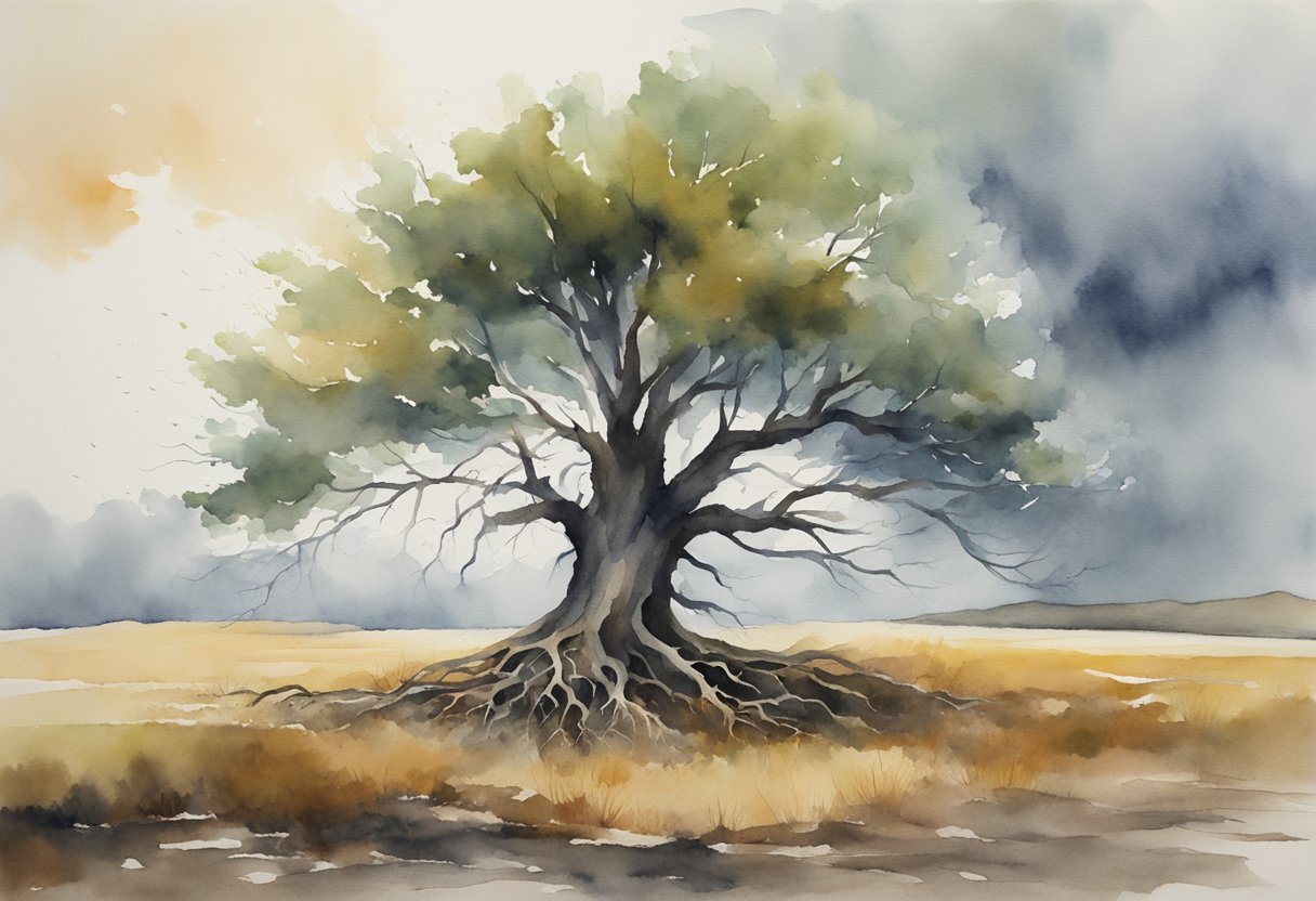A lone tree stands tall amidst a storm, its roots firmly anchored in the ground. The branches sway, but the tree remains unyielding, a symbol of resilience and strength