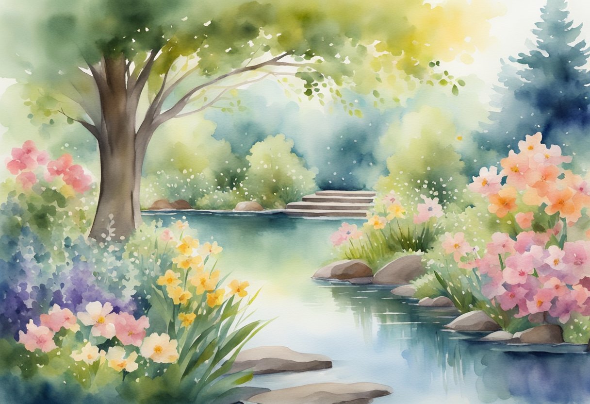 A serene garden with blooming flowers and a peaceful pond, surrounded by trees and a gentle breeze. A symbol of life, growth, and reflection
