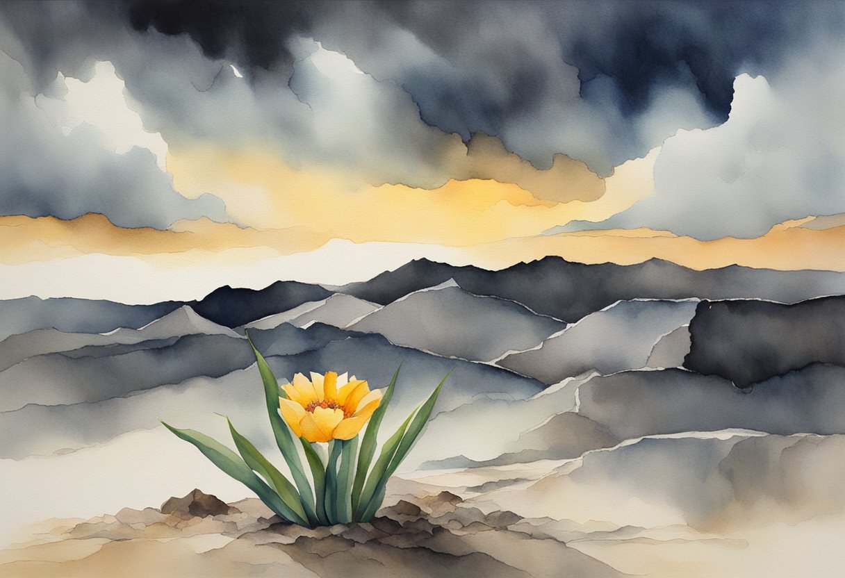 A single flower blooming from cracked earth, surrounded by dark clouds parting to reveal a glimmer of sunlight