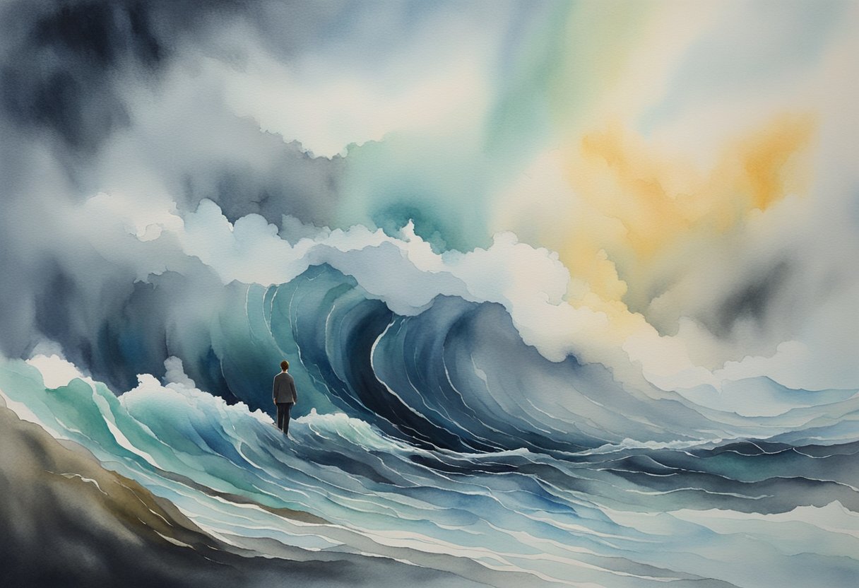 A solitary figure stands amidst a swirling storm, facing uncertainty with a glimmer of hope. The looming presence of mortality is contrasted by a sense of resilience and determination