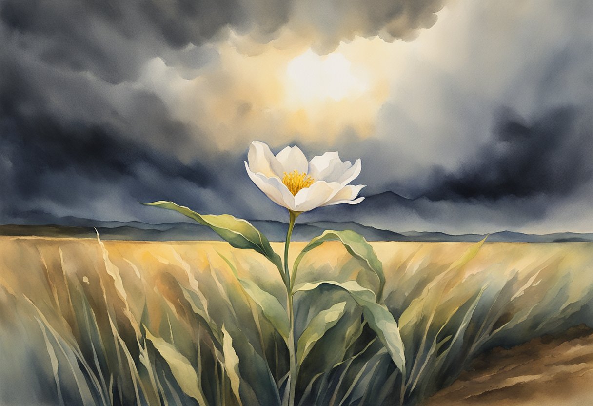 A single flower blooming in a barren field, surrounded by dark storm clouds but with a ray of sunlight breaking through, symbolizing hope amidst uncertainty and mortality for a cancer thriver