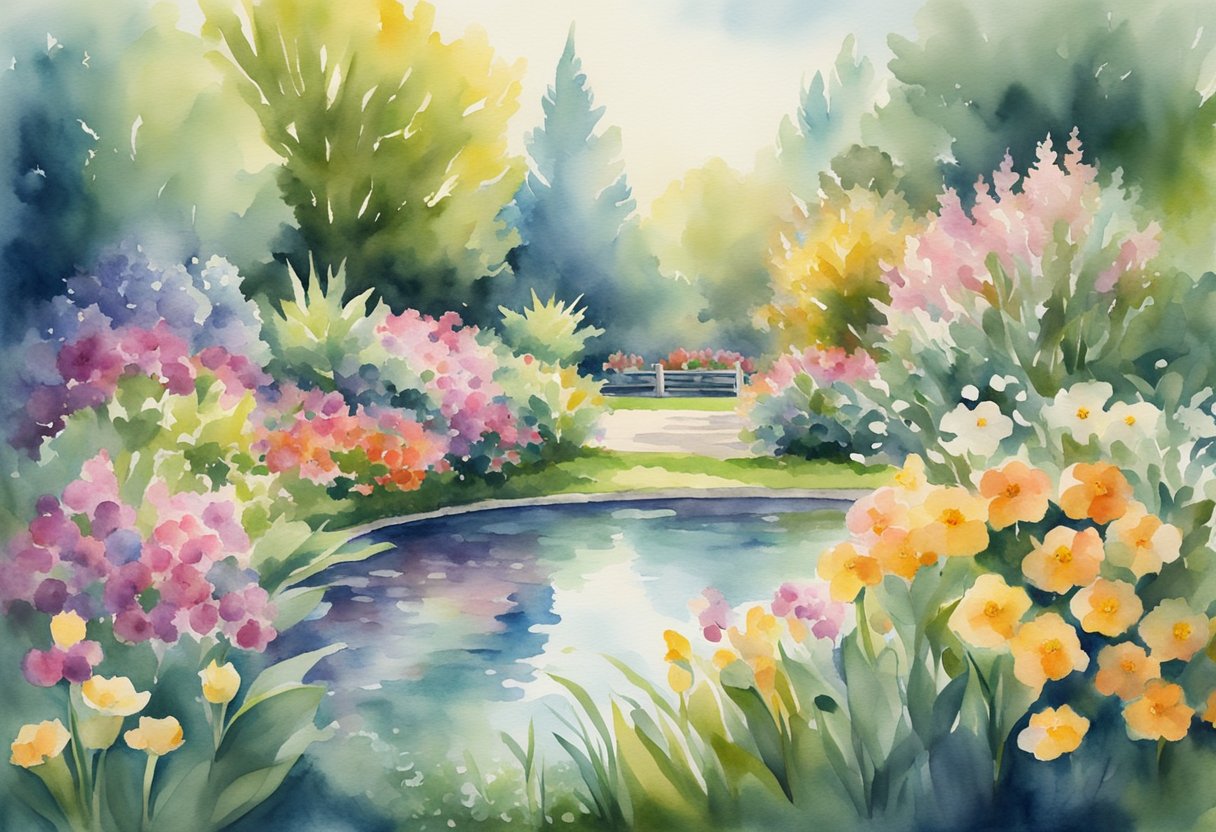 A serene, sunlit garden with vibrant flowers and a peaceful pond, symbolizing hope and resilience in the face of uncertainty and mortality