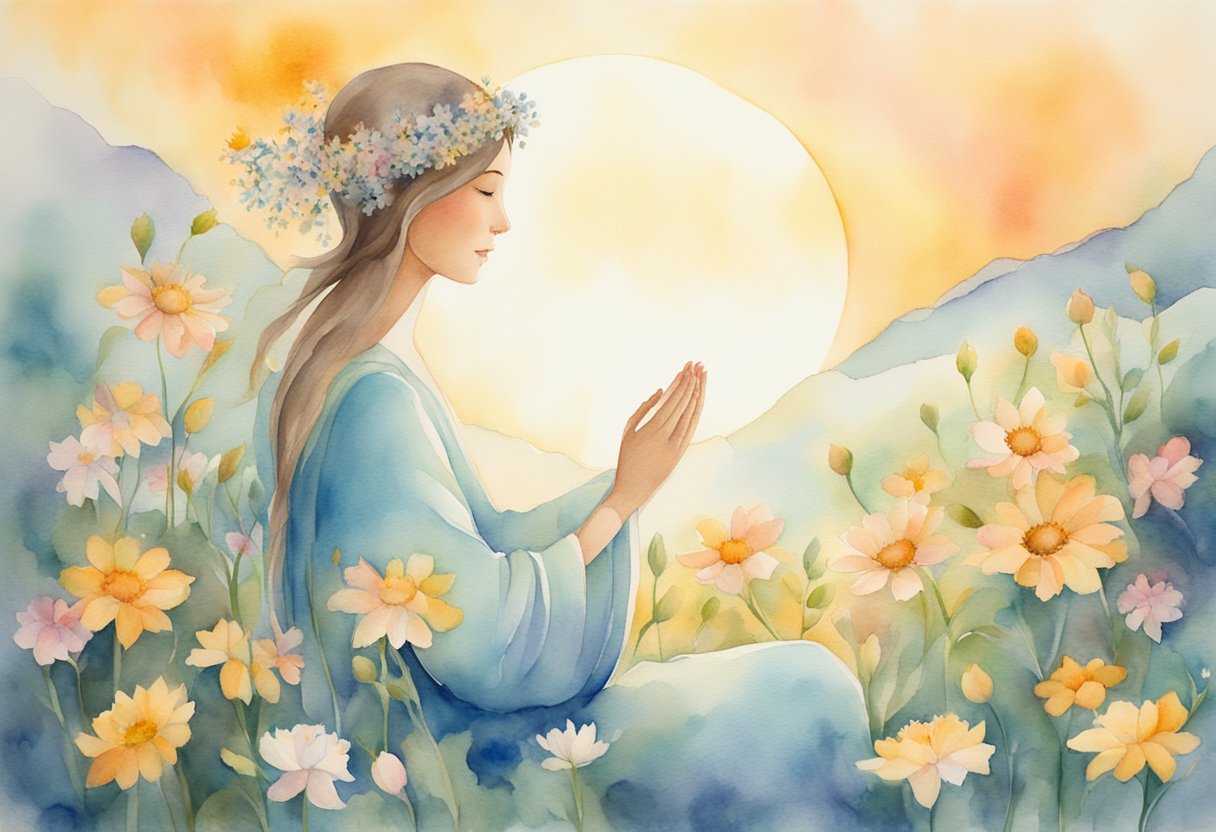 A serene figure surrounded by blooming flowers and a shining sun, symbolizing gratitude and resilience in the face of mortality and cancer