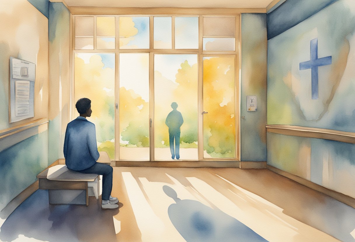 A person's shadow casting a heart-shaped glow on a hospital wall, surrounded by symbols of hope and strength