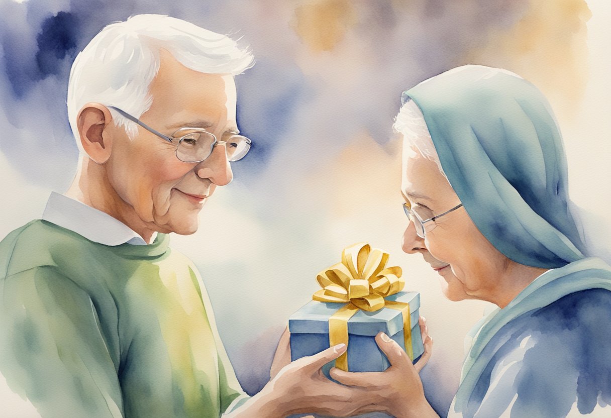 A person receiving a thoughtful gift from a friend, expressing gratitude and support in the face of mortality and cancer