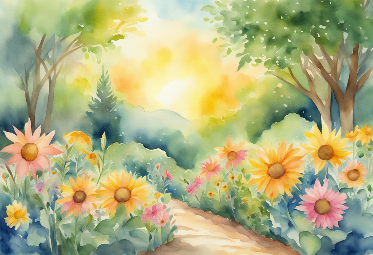 A radiant sun shining down on a vibrant garden, symbolizing hope and growth amidst the challenges of cancer