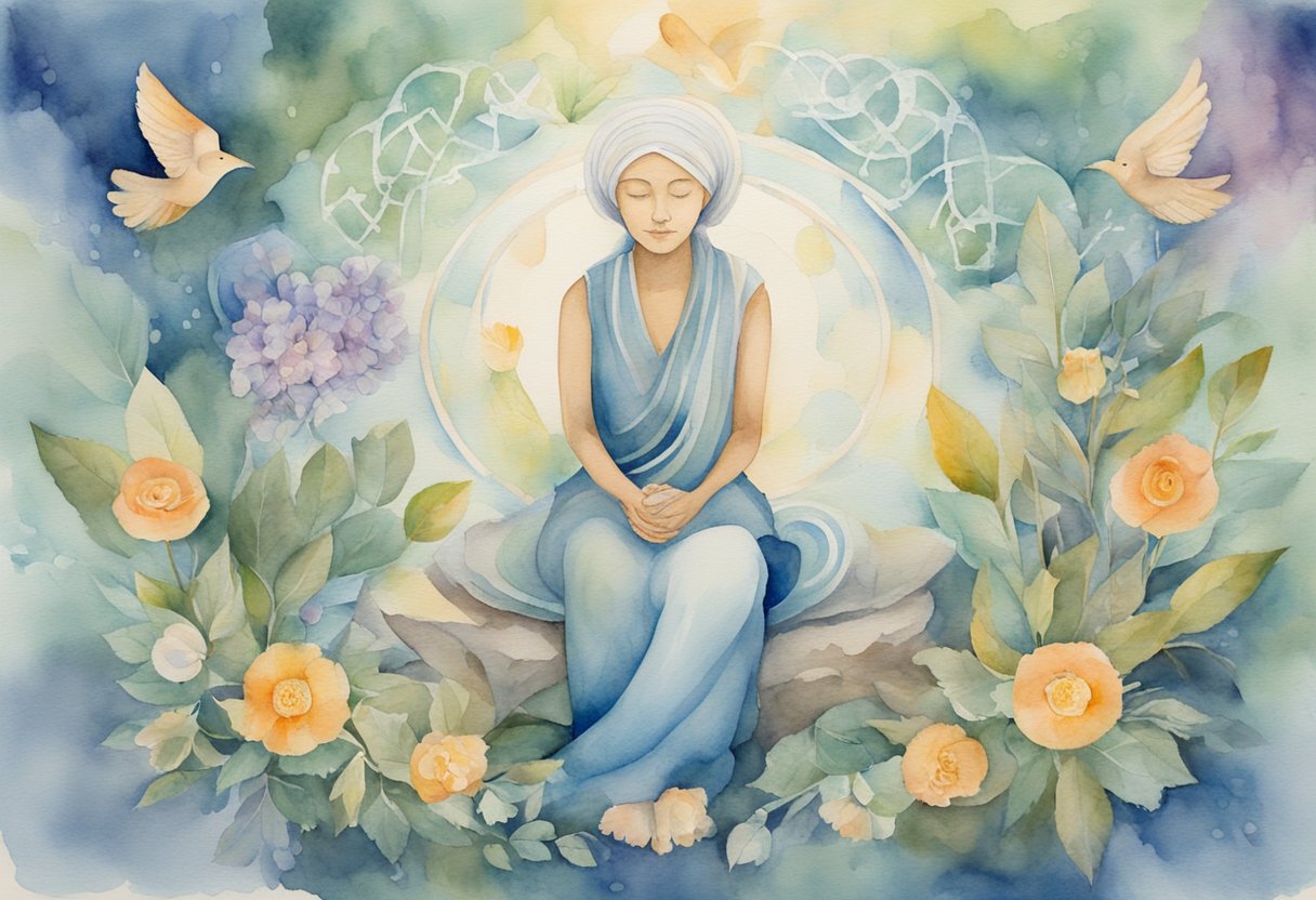 A serene figure surrounded by symbols of gratitude and resilience, representing daily ethical and psychosocial considerations in the face of mortality as a cancer thriver