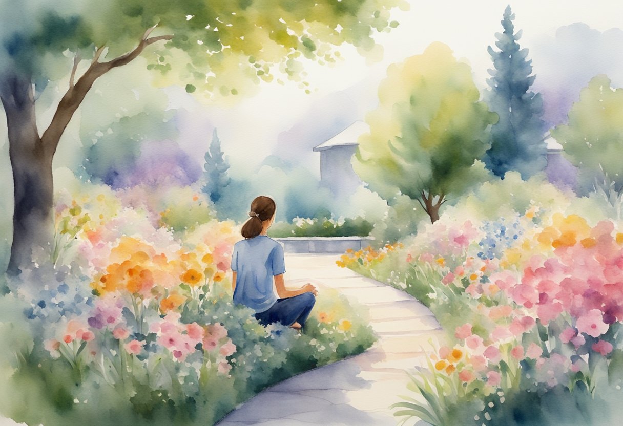 A person sitting in a peaceful garden, surrounded by blooming flowers and a serene atmosphere, with a sense of gratitude and hope emanating from their presence