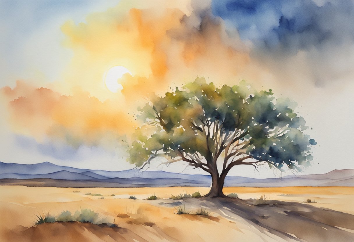 A lone tree stands tall in a vast desert, symbolizing resilience and growth. The sun sets behind it, casting a warm glow on the horizon