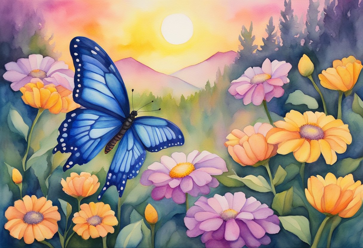 A butterfly emerging from a chrysalis, surrounded by vibrant flowers and a glowing sunrise, symbolizing a transformative self-discovery journey and the triumph over mortality as a cancer thriver