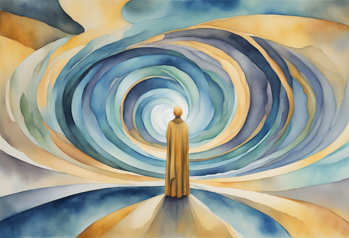 A solitary figure stands at the edge of a vast, swirling vortex, symbolizing the transformative journey of self-discovery. The figure is surrounded by symbols of mortality and resilience, representing a cancer thriver's inner strength