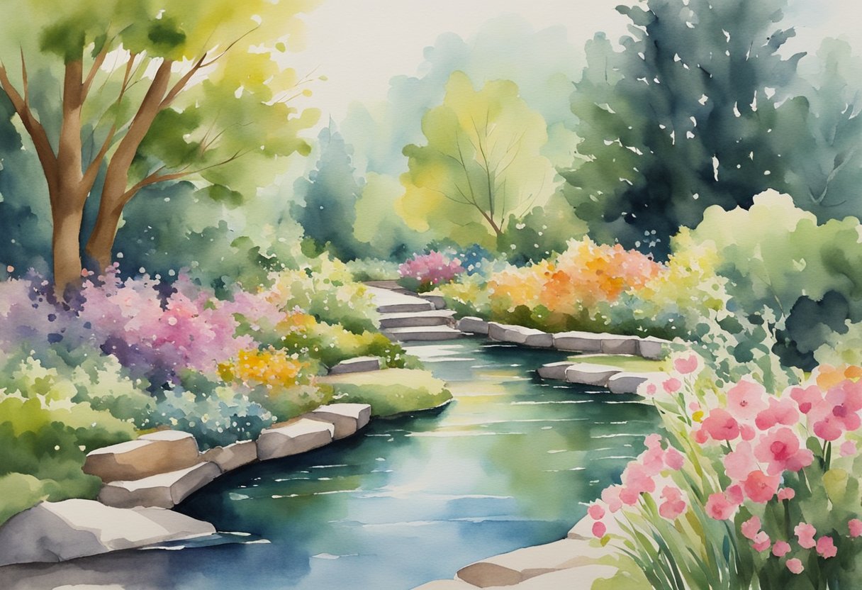 A serene garden with a winding path, surrounded by blooming flowers and lush greenery. A gentle stream flows through the landscape, symbolizing the journey of self-discovery and transformation