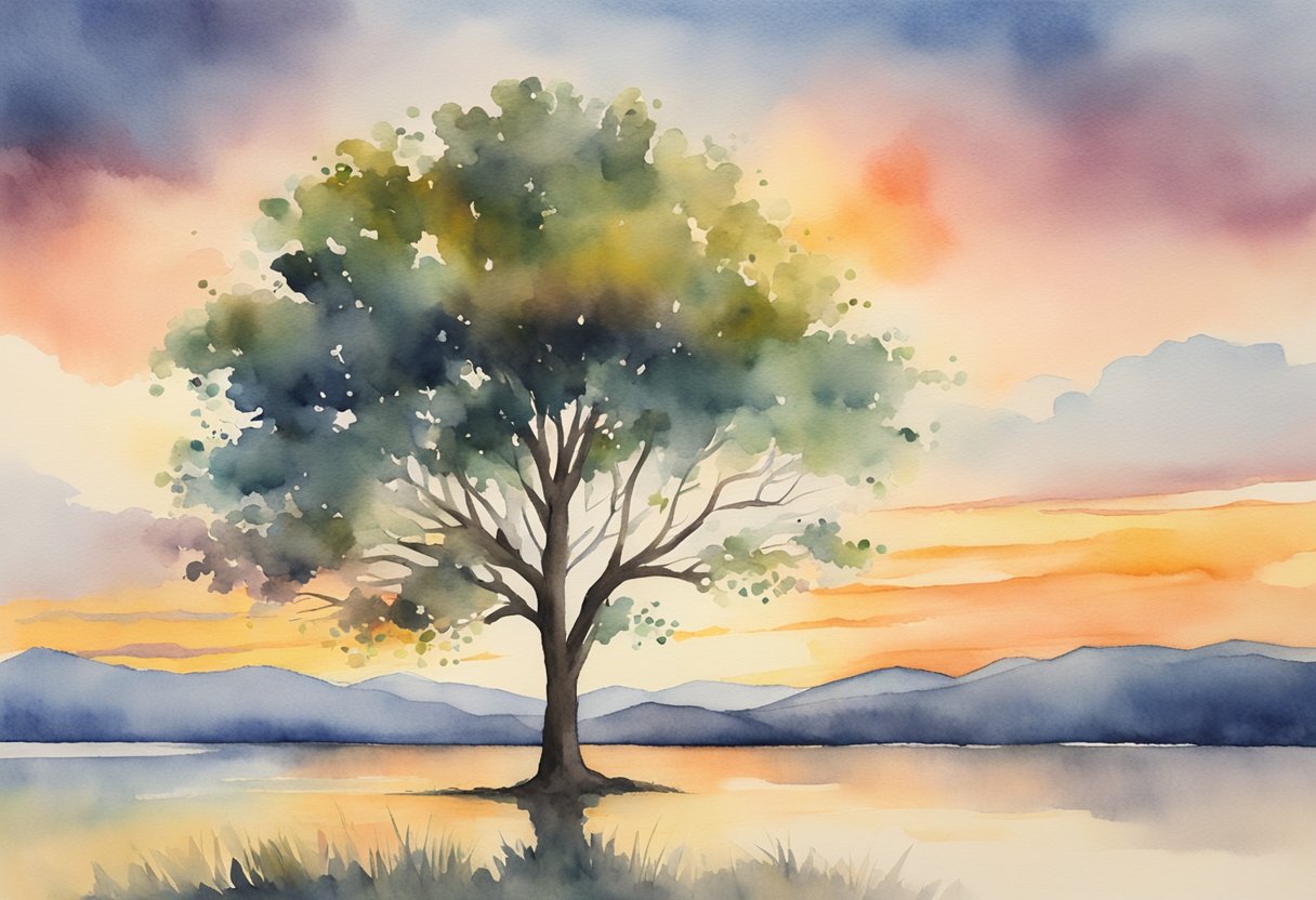 A lone tree stands tall against a sunset sky, symbolizing the transformative journey of understanding mortality and embracing life