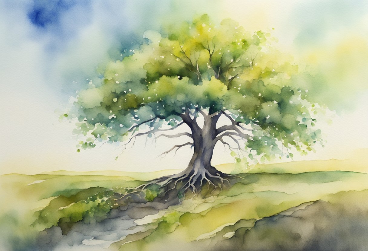 A lone tree stands tall, its trunk bearing deep scars. New growth sprouts from the wounds, symbolizing acceptance and healing